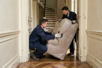 Deux déménageurs manœuvrant un canapé emballé dans l'encadrement étroit d'une porte d'appartement haussmannien