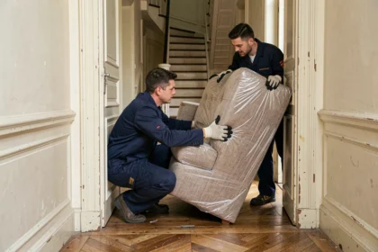 Deux déménageurs manœuvrant un canapé emballé dans l'encadrement étroit d'une porte d'appartement haussmannien