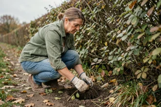 Femme qui arrache des mauvaises herbes à la main au pied d'une haie de campagne