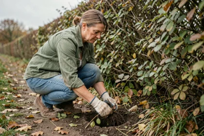 Femme qui arrache des mauvaises herbes à la main au pied d'une haie de campagne