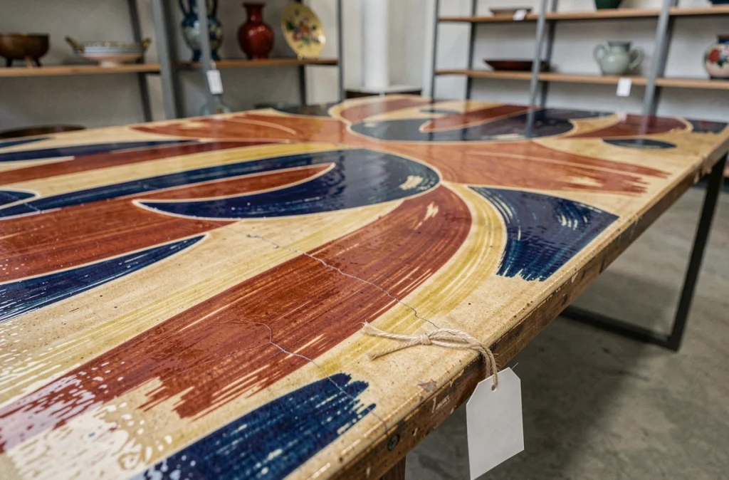 Gros plan sur les motifs peints à la main d'une table basse en céramique Roger Capron vintage authentique