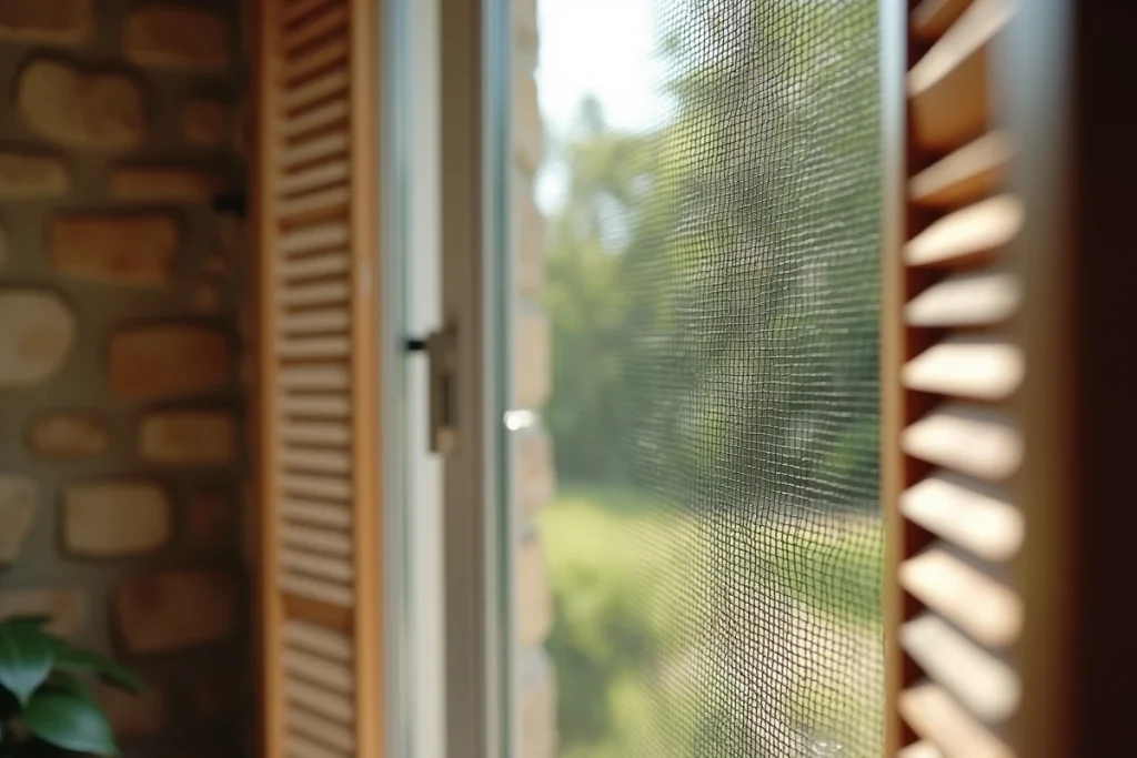 Détail macro d'un grillage de protection fenêtre en acier inoxydable discret sur maison en pierre