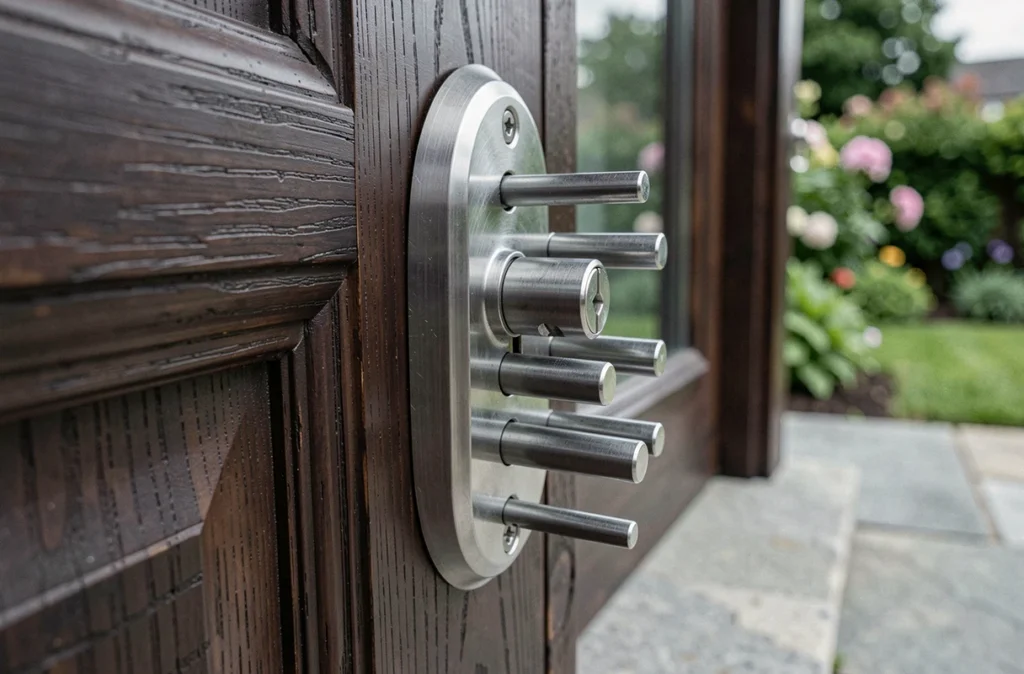 Gros plan détaillé des points de verrouillage d'une serrure multipoints en acier inoxydable sur porte en bois