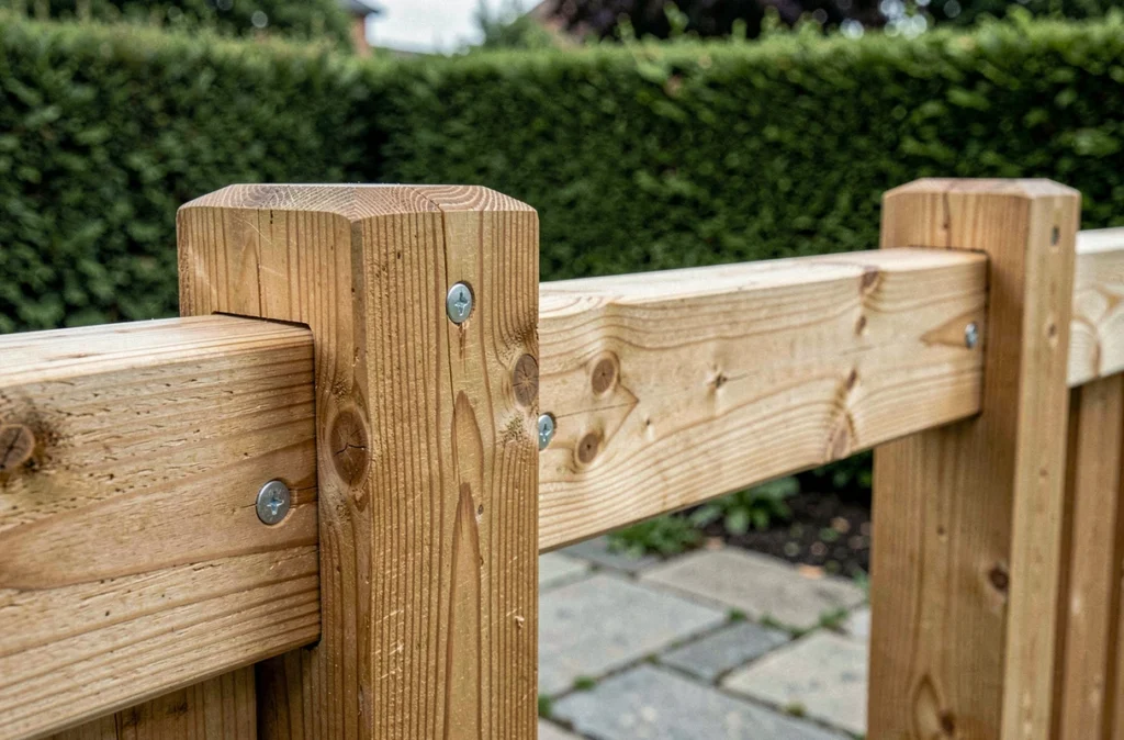 Détail de panneaux de clôture en bois traité avec vis galvanisées et rails horizontaux dans un jardin