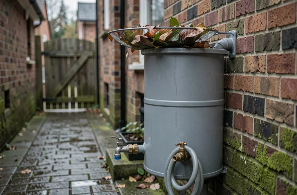 Détail technique d'un récupérateur d'eau de pluie avec filtre et robinet de soutirage fixé sur un mur de brique