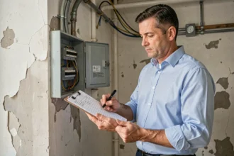 Diagnostiqueur immobilier inspectant un tableau électrique lors d'un diagnostic obligatoire avant vente