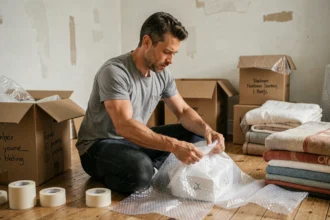 Homme emballant des objets fragiles dans du papier bulle lors d'un déménagement, entouré de cartons ouverts dans un salon vide