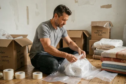Homme emballant des objets fragiles dans du papier bulle lors d'un déménagement, entouré de cartons ouverts dans un salon vide