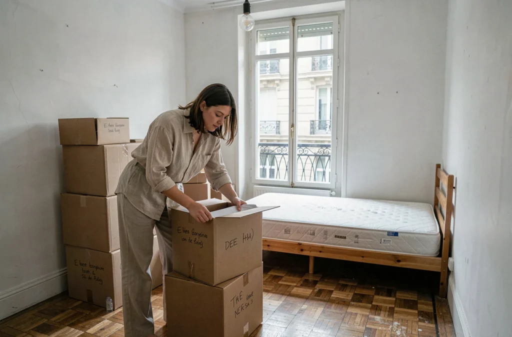 Jeune femme emménageant dans sa nouvelle chambre en colocation à Lyon
