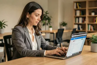 Employée Maisons du Monde consultant son espace CSE en ligne sur un ordinateur portable au bureau