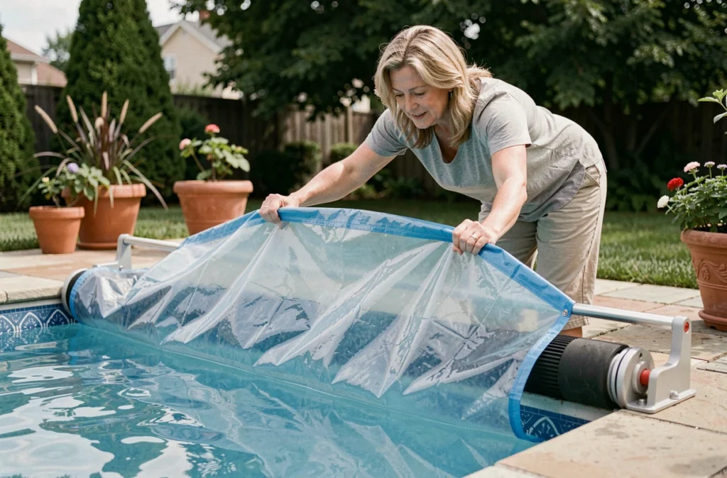 Femme enroulant une bâche à bulles sur un enrouleur de piscine dans un jardin résidentiel