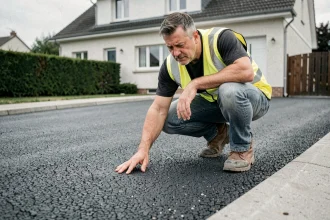 Entrepreneur inspecte une surface d'enrobé drainant posé sur une allée résidentielle