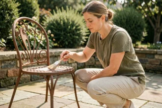 Femme entretenant un fauteuil de jardin en fer forgé avec de la cire protectrice sur une terrasse en pierre