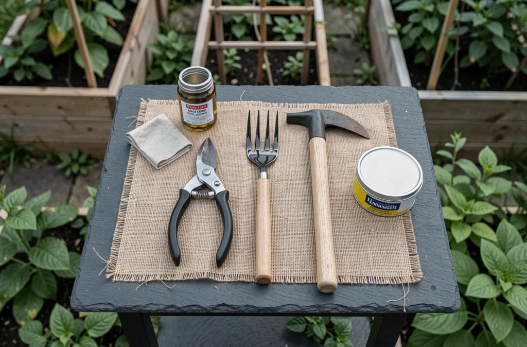 Vue de dessus d'outils de jardinage propres avec de l'huile de lin et de la cire anti-rouille sur toile de jute
