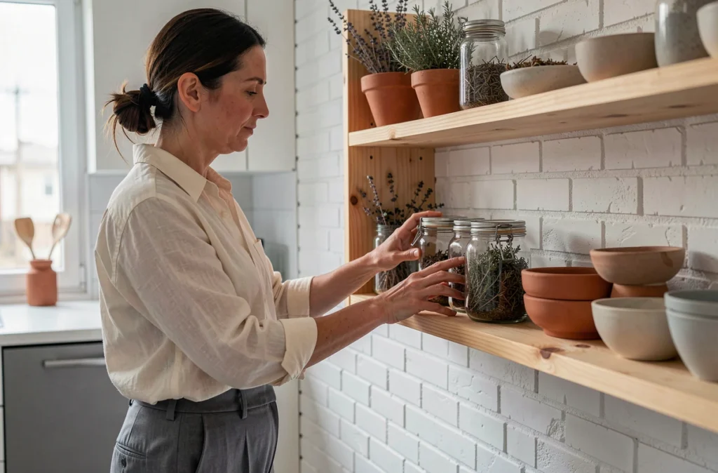 Femme touchant une étagère en pin brut dans une cuisine moderne aux murs en brique peinte blanche