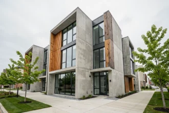 Façade d'immeuble résidentiel neuf aux lignes géométriques modernes avec bardage bois et béton brut