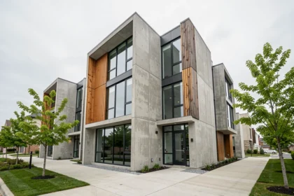 Façade d'immeuble résidentiel neuf aux lignes géométriques modernes avec bardage bois et béton brut