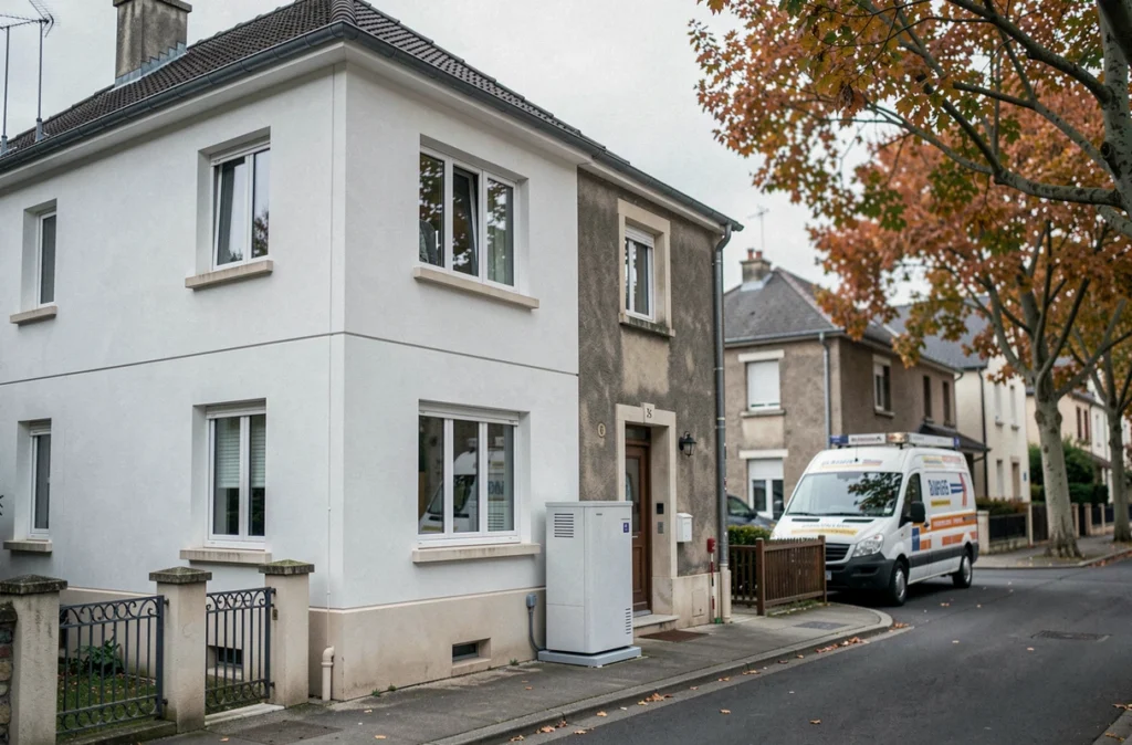 Façade d'une maison française en cours de rénovation énergétique avec isolation extérieure et nouvelles fenêtres double vitrage