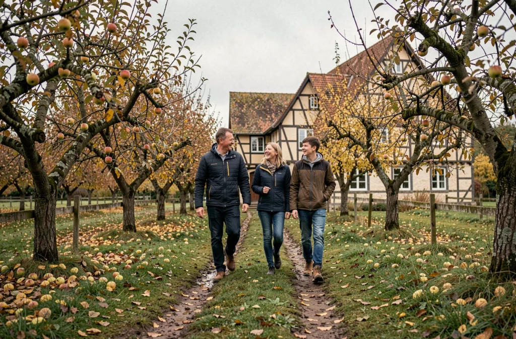 Famille de citadins se promenant dans le verger de leur résidence secondaire normande en automne, maison à colombages visible en arrière-plan