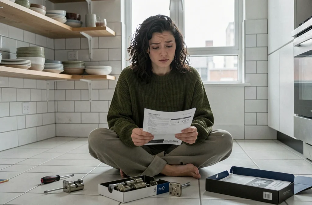 Femme lisant les instructions pour changer sa serrure après avoir emménagé dans un nouvel appartement