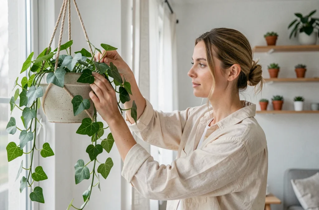 Femme entretenant une plante suspendue dans un salon scandinave aux murs blancs