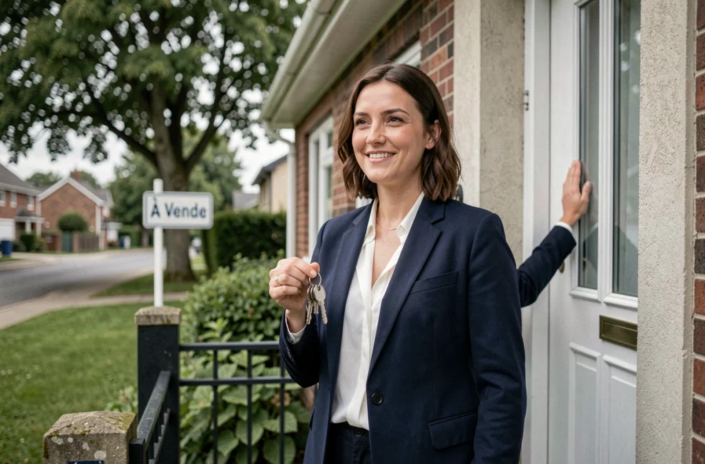 Femme primo-accédante tenant les clés de sa nouvelle maison devant la façade d'un pavillon en banlieue avec panneau À Vendre