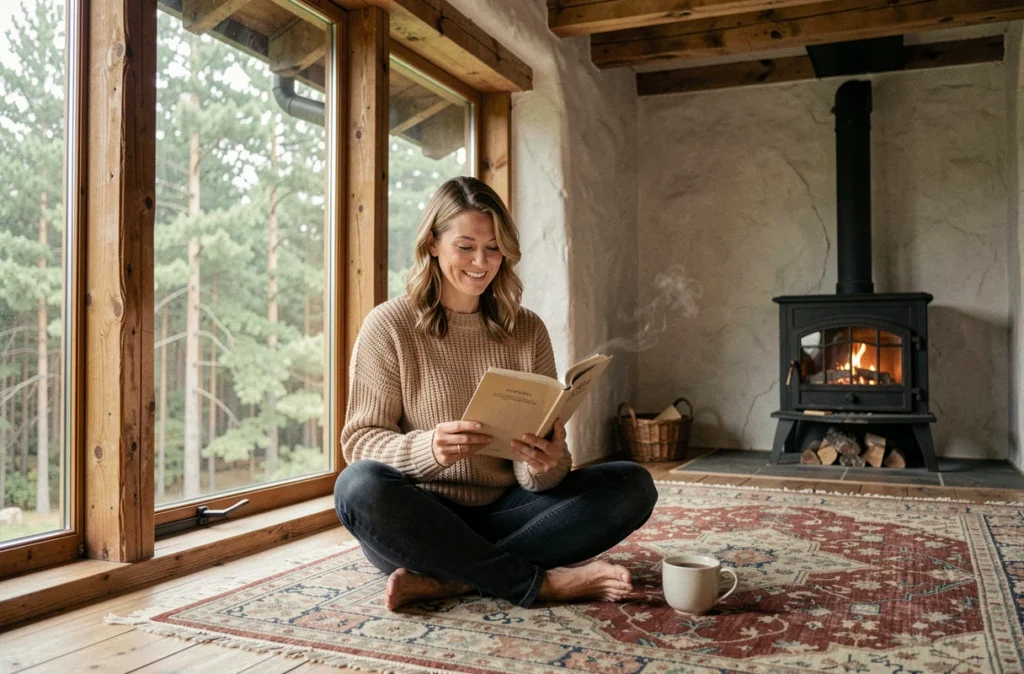 Femme citadine se ressourçant dans sa résidence secondaire à la campagne, lisant près d'une grande fenêtre avec vue sur une forêt de pins