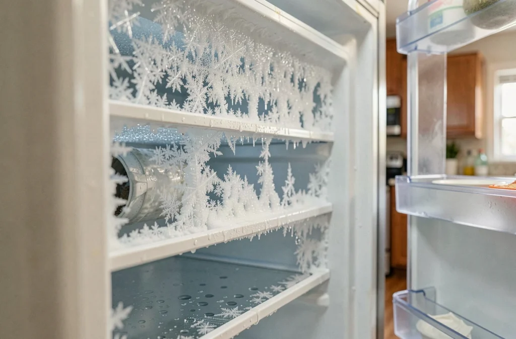 Accumulation de givre et de glace à l'intérieur d'un réfrigérateur domestique, signe typique d'un manque de gaz frigorigène ou d'une fuite de réfrigérant