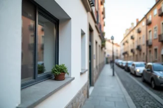 Grillage de protection fenêtre quasi invisible depuis la rue sur façade d'immeuble résidentiel moderne