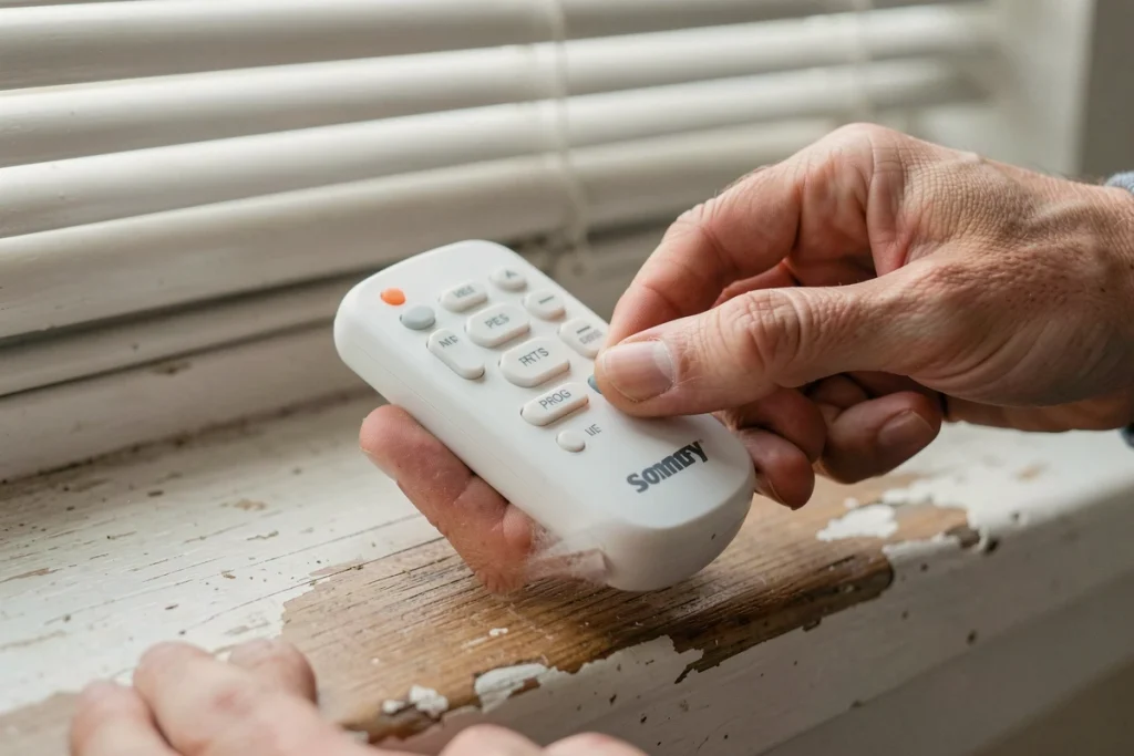 Gros plan sur une télécommande Somfy Telis RTS avec le bouton de programmation visible pour configurer un volet roulant