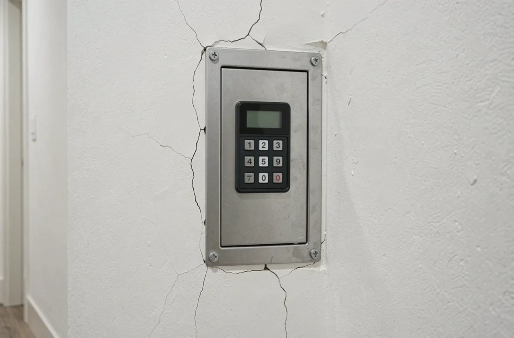 Gros plan sur un coffre fort encastré dans un mur avec fissures et vis d'ancrage visibles