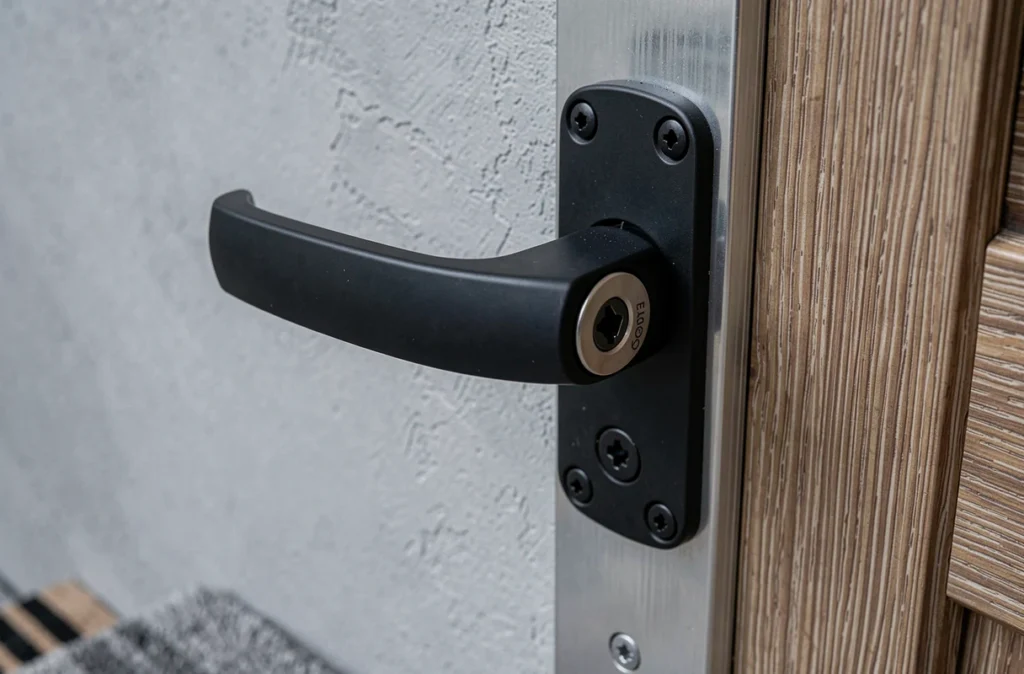 Gros plan sur une poignée de porte renforcée avec cylindre de sécurité anti-crochetage installée sur une porte d'entrée moderne
