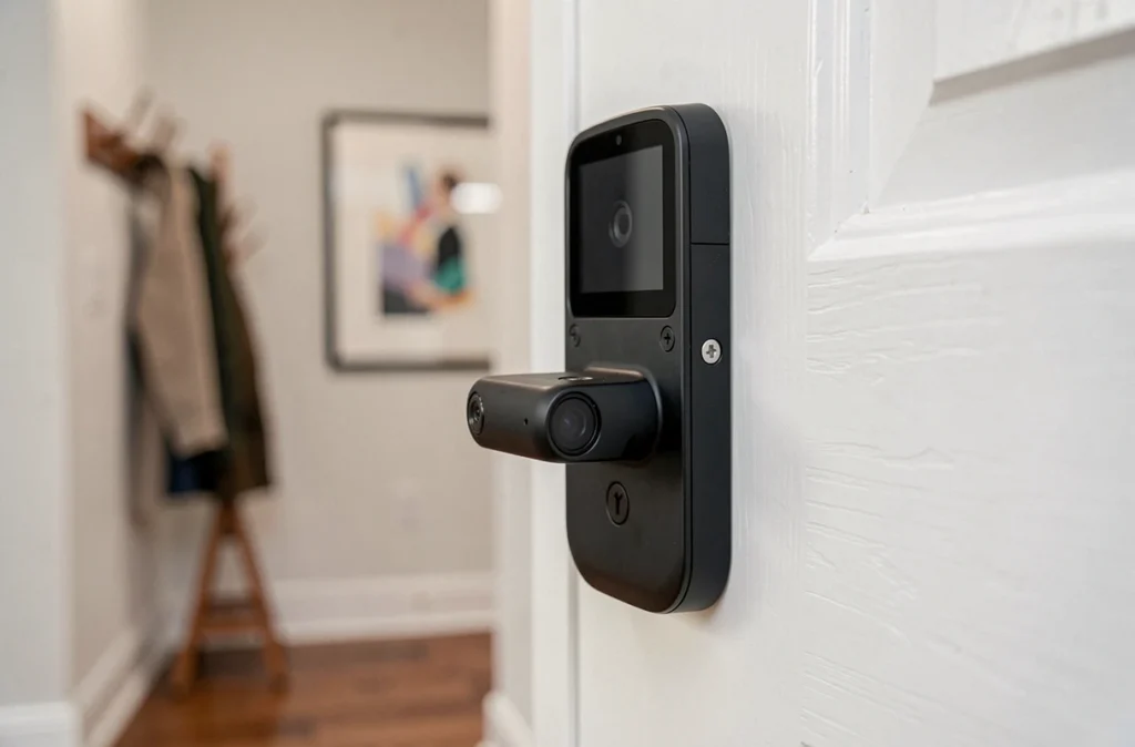 Gros plan d'une serrure connectée avec écran tactile et caméra intégrée sur une porte d'entrée blanche