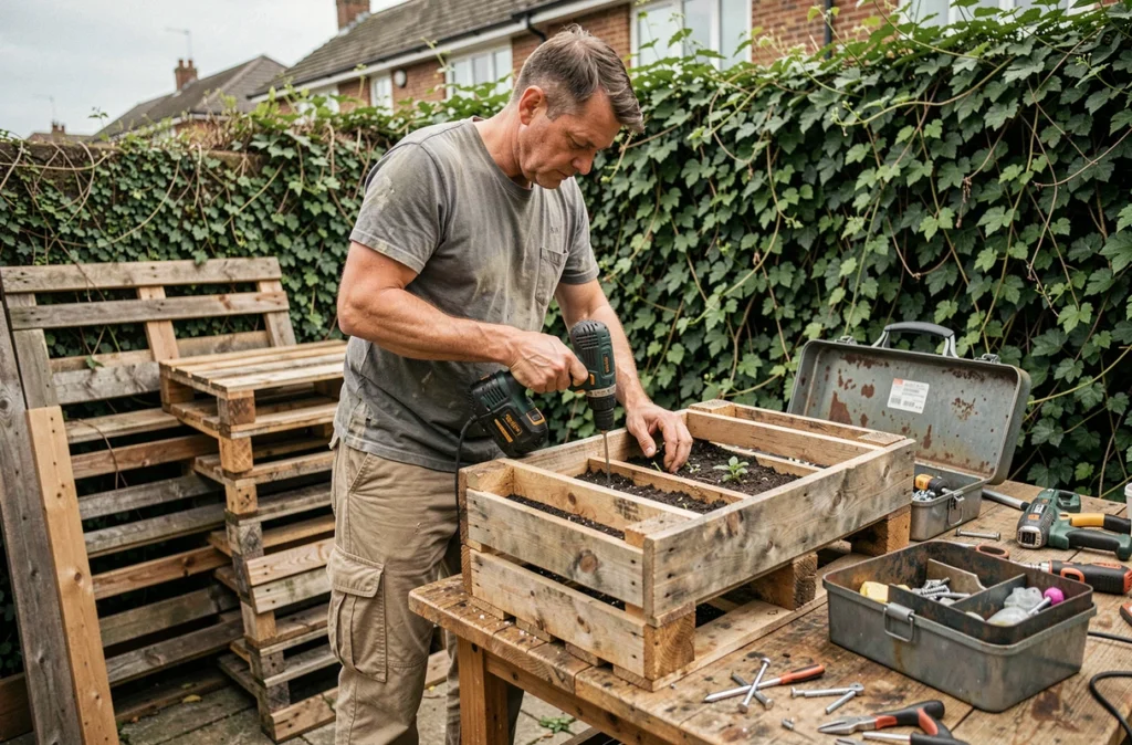 Homme assemblant un bac à potager en palettes recyclées dans un jardin avec une perceuse