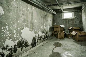 Mur de cave en béton avec traces d'humidité, efflorescence blanche et moisissures noires visibles en sous-sol résidentiel