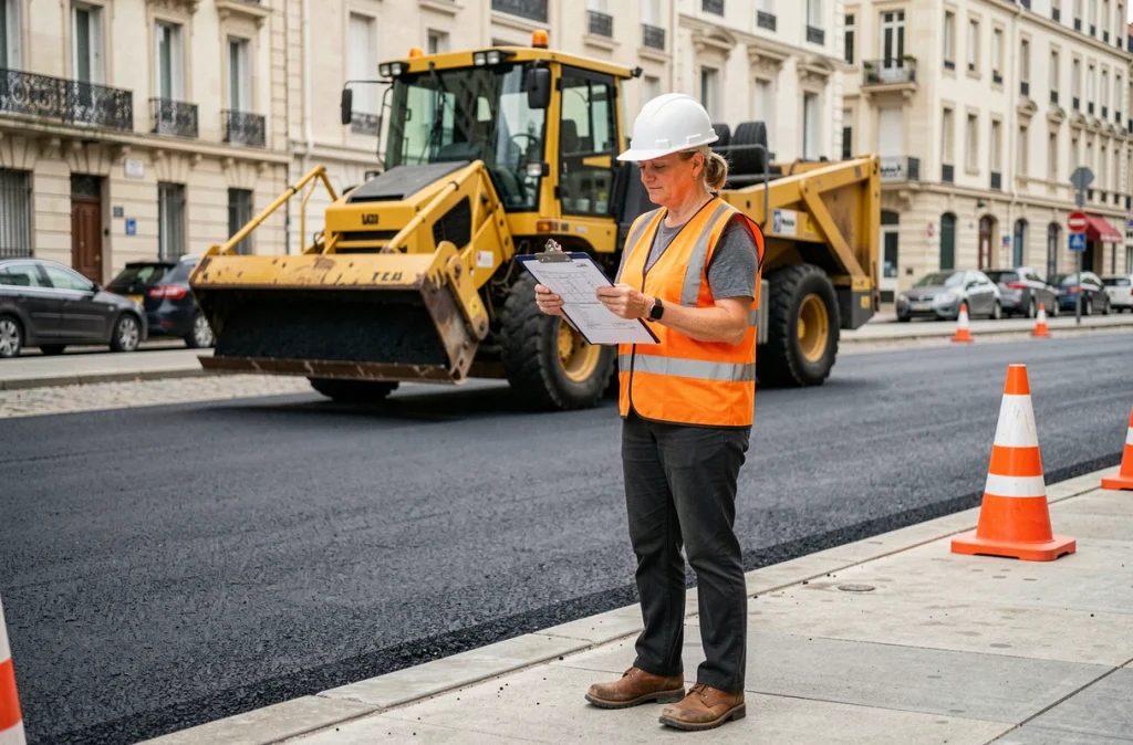 Ingénieure supervise un chantier de pose d'enrobé drainant en milieu urbain