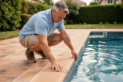 Homme inspectant les fissures du carrelage en bord de piscine pour détecter les pertes d'eau