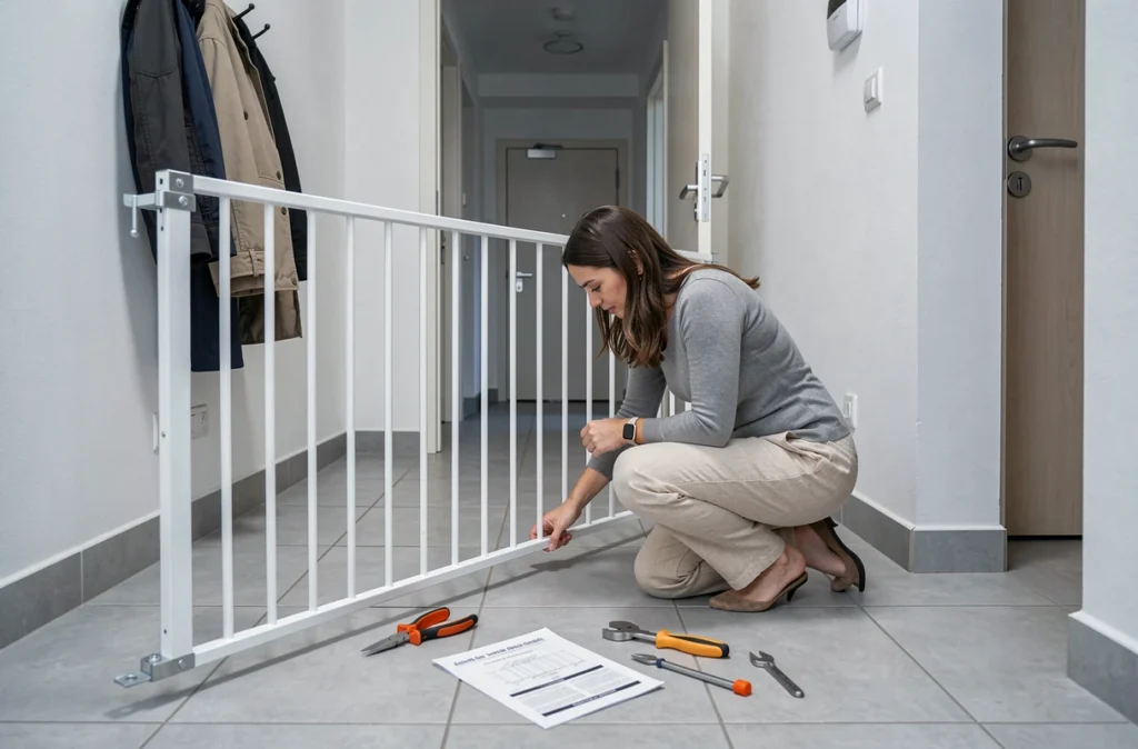 Un adulte installe une barrière de sécurité blanche en métal dans un couloir d'appartement moderne, avec instructions et outils au sol