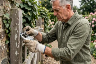 Homme installant un cadenas robuste sur un portail en bois de jardin avec végétation en arrière-plan