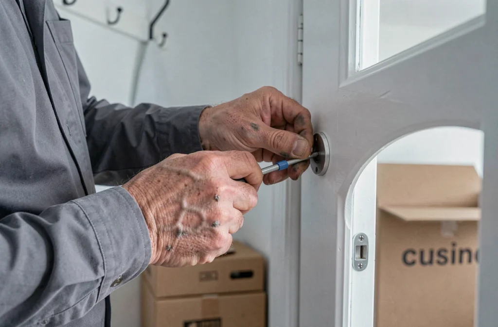 Gros plan sur un serrurier installant un nouveau cylindre de serrure dans une porte lors d'un jour de déménagement