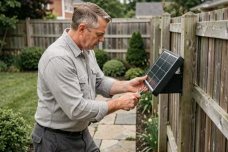 Homme installant une lampe solaire de jardin sur un poteau en bois dans un jardin résidentiel