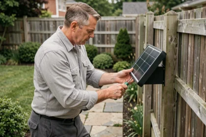 Homme installant une lampe solaire de jardin sur un poteau en bois dans un jardin résidentiel