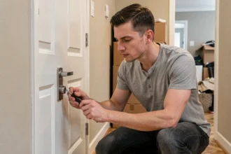 Homme installant une nouvelle serrure sur la porte d'entrée de son appartement après un déménagement