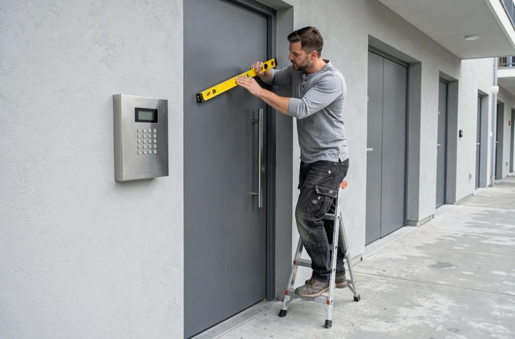 Propriétaire installant une nouvelle porte d'entrée moderne dans un immeuble urbain, pose et alignement