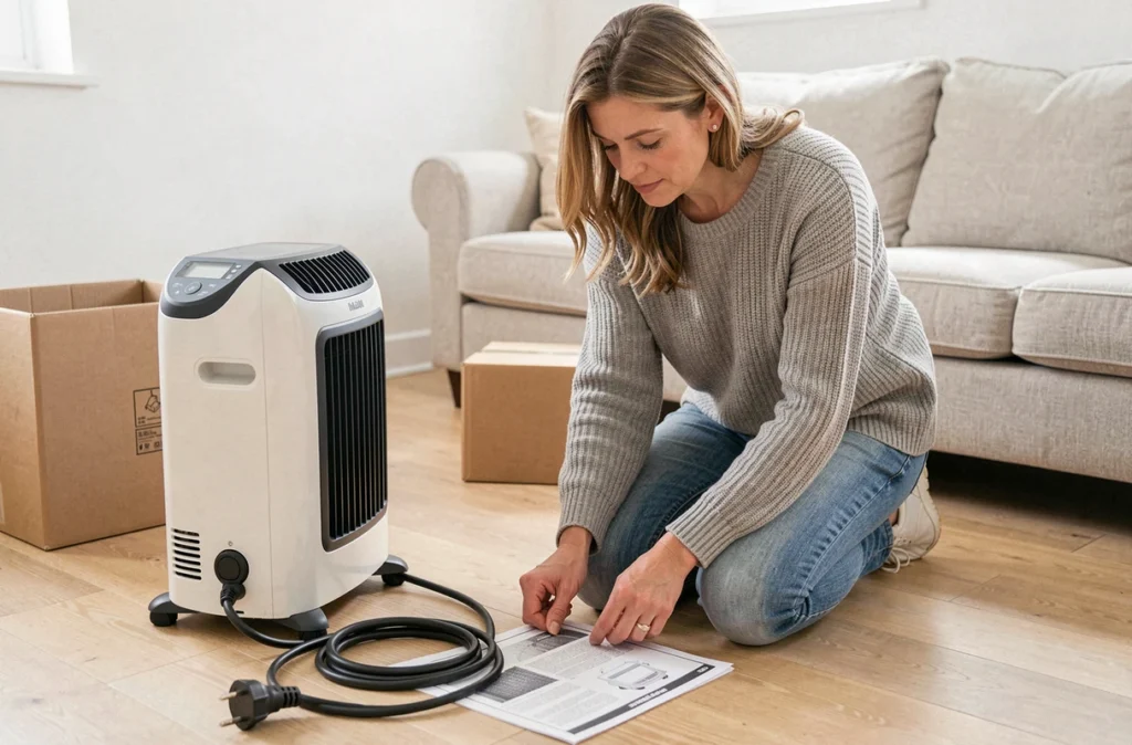 Femme lisant la notice d'installation d'un radiateur électrique avec le câble d'alimentation déroulé sur le sol d'un salon