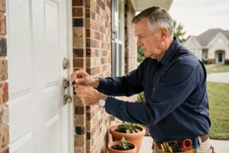 Serrurier professionnel installant un nouveau verrou sur la porte d'entrée d'une maison résidentielle