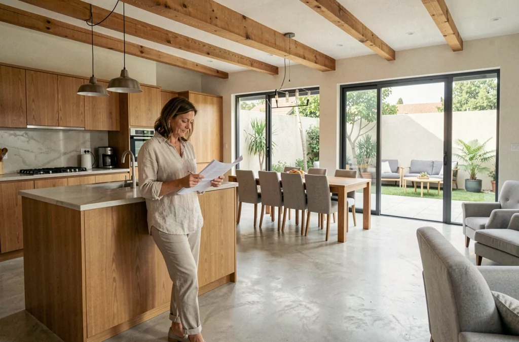Intérieur lumineux d'une maison en L de plain-pied avec espace ouvert cuisine-salon et portes vitrées