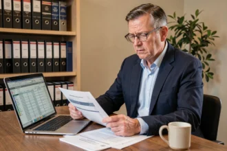 Investisseur immobilier analysant des documents fiscaux sur les revenus locatifs dans un bureau à domicile