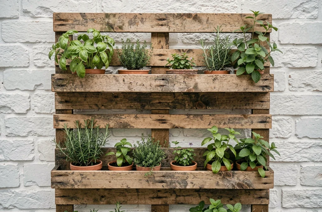 Jardin vertical de plantes aromatiques installé sur des palettes en bois recyclées fixées à un mur de pierre