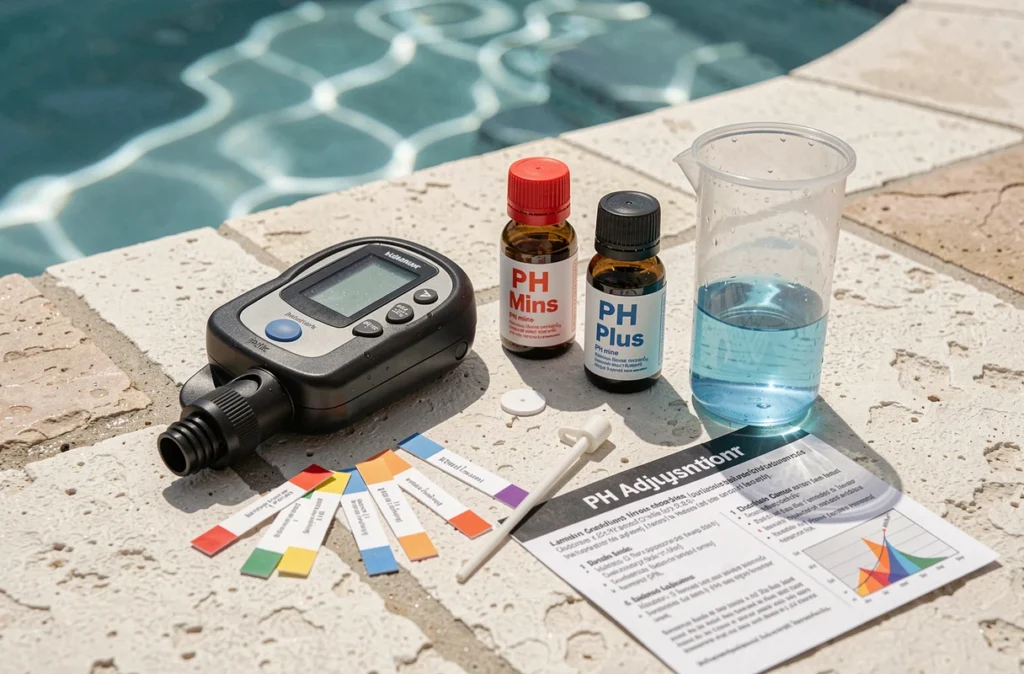 Kit complet de mesure et de régulation du pH pour l'entretien d'une piscine posé sur le bord du bassin